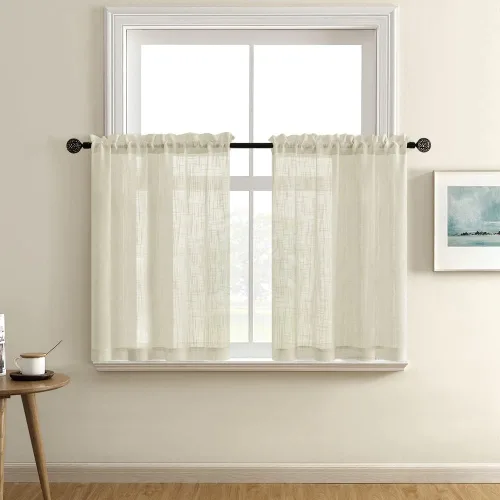 Vista 16 de Cortinas de cocina grises semitransparentes con privacidad, de lino texturizado, bolsillo con varilla, cortinas cortas de cafetería, valances