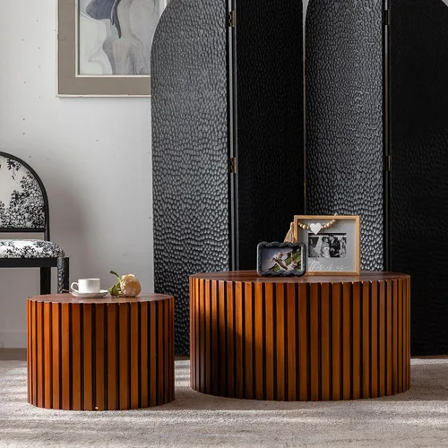 Vista 19 de Juego de 2 mesas anidables redondas con tapa abatible, juego de mesa auxiliar de madera de almacenamiento moderno de 2 piezas, 2 piezas de madera