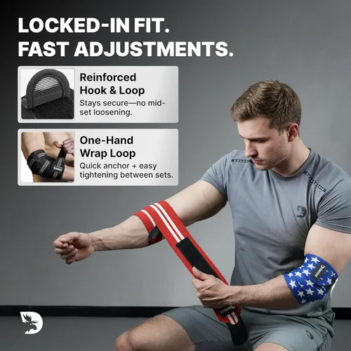 Vista 5 de DMoose Fitness Coderas para Levantamiento de Pesas (Par) de 40" Ajustables para Soporte Articular, Alivio del Dolor y Tendinitis - Correas para Codo
