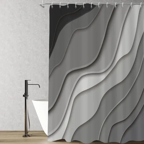 Cortina de ducha negra, gris degradado, aguamarina, olas de playa, abstracto, océano, moderno, decoración del hogar, tela impermeable lavable a