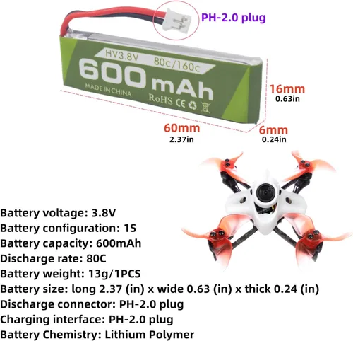 Vista 2 de sea jump 3 unidades 1S 3.8V 80C 600mAh batería de litio con conector JST-PH 2.0 enchufe adecuado para Cineahoop Tinyhawk Mini FPV Racing Drone RC