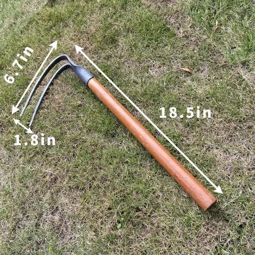 Vista 6 de Juego de 2 palillos de jardín de 19.6 pulgadas, juego de herramientas de azada de mano de 2 puntas, herramienta de jardín con mango de madera