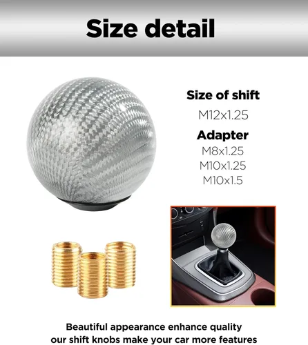 Vista 2 de Pomo de palanca de cambios universal, perilla de palanca de cambios automática, perilla redonda de fibra de carbono con 3 adaptadores de aluminio