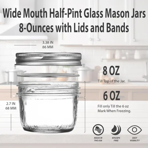 Vista 2 de Wide Mouth Half-Pint Glass Mason Jars 8-Ounces with Airtight Lids and Bands - (4 Pack) - For Storage, Canning, Fermenting, Freezing, Microwave &