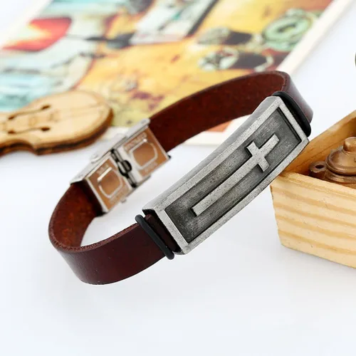 Vista 2 de More Fun - Pulsera ancha de cuero marrón estilo vintage con cierre de metal