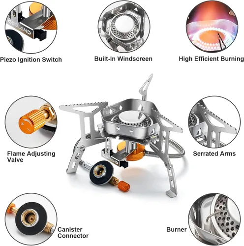 Vista 6 de Odoland Estufa de campamento a prueba de viento de 3500 W/6800 W, estufa de gas con adaptador de recipiente de combustible, encendido