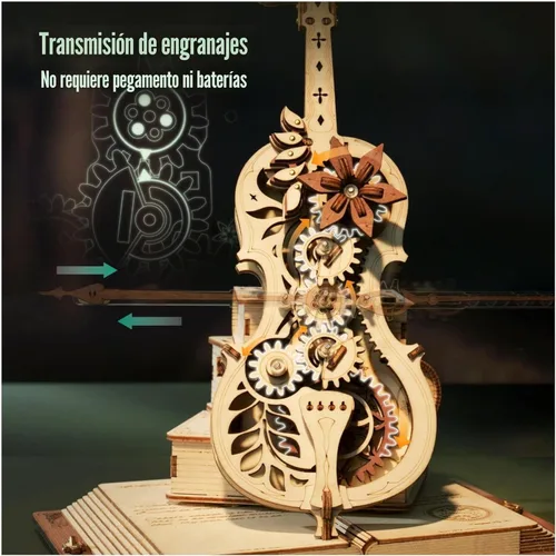 Vista 3 de ROKR Rompecabezas 3D para adultos, a escala 1:5, kit de modelo de violonchelo con base, 199 piezas, caja de música de madera, kit de construcción