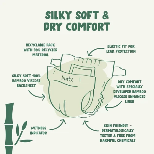 Vista 2 de Naty Pañales de viscosa de bambú para bebé, sedosos, a base de plantas, dermatológicamente probados para pieles sensibles y súper absorbentes