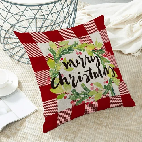 Vista 4 de Juego de 2 fundas de almohada de Navidad de 18 x 18 pulgadas, diseño de flores de búfalo rojo, corona de flores de Navidad, fundas de cojín de lino