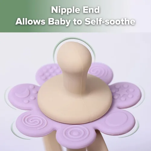 Vista 4 de haakaa Mordedor de silicona de doble flor, extremo en forma de pezón para masaje de encías, cabezal de cepillo de dientes de bebé de 360°