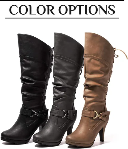 Vista 5 de katliu Botas altas hasta la rodilla para mujer, con cordones en la espalda, botas de tacón alto holgadas