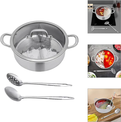 Vista 9 de Olla caliente Shabu Shabu de doble sabor con divisor y cucharón de sopa, olla Shabu Shabu Shabu de acero inoxidable 304, olla caliente de doble cara