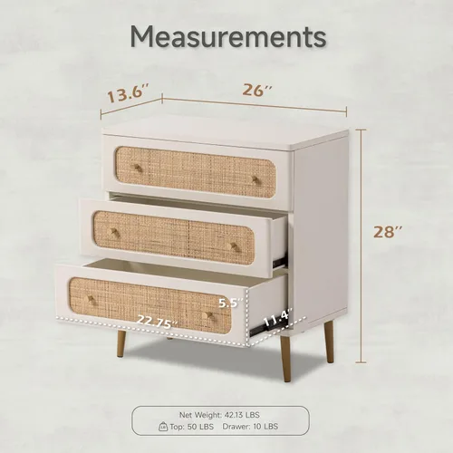Vista 2 de LONYKE Cómoda de mimbre de ratán, cómoda de 3 cajones, gabinete de almacenamiento de madera con acabado blanco crema, mesa decorativa moderna