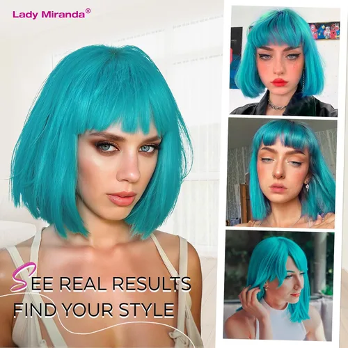 Vista 5 de Lady Miranda Peluca verde azulado corta Bob con flequillo para mujer, resistente al calor, peluca sintética turquesa de 12 pulgadas, peluca
