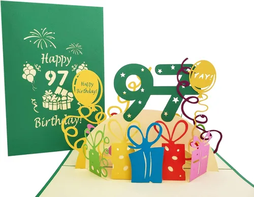 iGifts And Cards Tarjeta emergente 3D de cumpleaños 97 - Milestone Wishes 4.75 x 7 pulgadas | Globos coloridos, celebración sorpresa de cumpleaños,