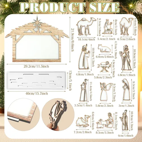Vista 2 de Soaoo Juego de 15 piezas de pesebre para decoración de interiores de Navidad, decoración de Navidad, centro de mesa, centros de mesa de madera