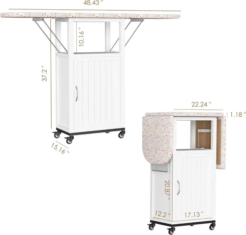 Vista 2 de Tabla de Planchar Rodante con Gabinete de Almacenamiento, Tabla de Planchar Plegable con Ruedas, Mesa de Manualidades con Almacenamiento, Estación