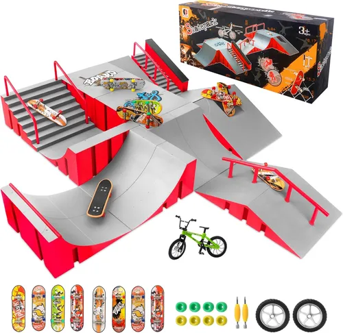 Kits de parque de patineta de dedo CS COSDDI, juguetes de patineta de dedo 14 en 1 con 8 patinetas de dedo & 14 rampas de cubierta de skatepark,