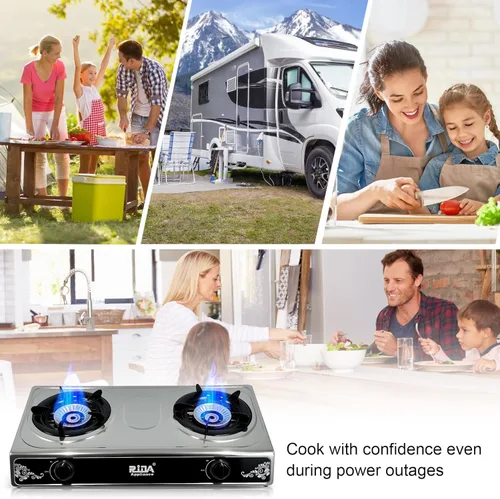 Vista 5 de Estufa de gas propano de 2 quemadores, estufa de camping portátil de acero inoxidable con encendido automático, quemadores de propano para cocinar