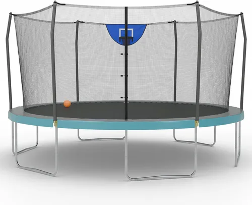 Vista 13 de Skywalker Trampolines Cama elástica al aire libre de 8 pies, 12 pies, 15 pies Jump N’ Dunk redonda con red, colchón de trampoline y aro