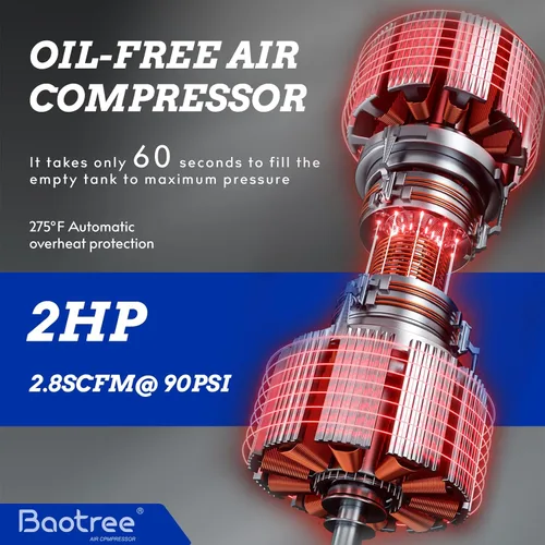 Vista 3 de Baotree Compresor de aire portátil de 8 galones, tanque de compresor de aire libre de aceite máximo de 150 PSI, motor de 2 HP 2.8 SCFM a 90 PSI