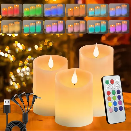 Vista 7 de Vela Recargable Sin Llama, Vela de Pilar LED Intermitente de Cera Real con Control Remoto y Temporizador, Velas Electrónicas Decorativas, 1 Juego