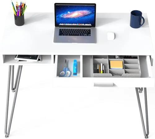 Vista 12 de SHW Escritorio de patas con horquilla para computadora de oficina en casa con cajón, color negro