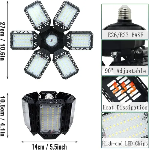 Vista 3 de Paquete de 2 Luces LED para Garaje, 160W 16000LM 6500K Luces de Garaje para Techo Bombilla LED con 6+1 Paneles Ajustables, Luz LED de Taller