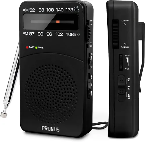 PRUNUS J-166 - Radio portátil AM FM, Regalos para papá y mamá, Radio operada con pilas con luz de sintonización, clip trasero, excelente recepción,