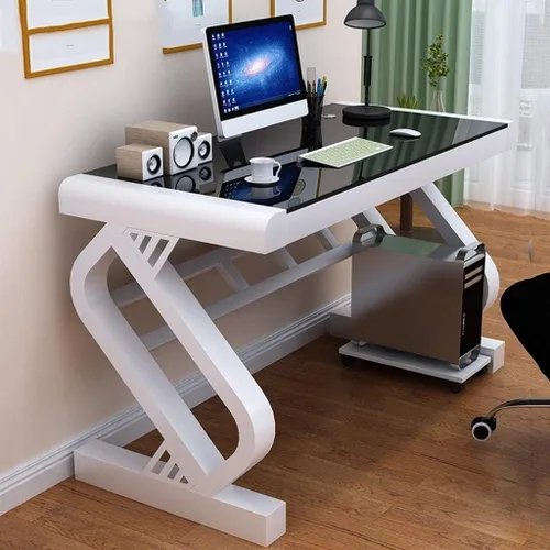 Vista 2 de JOYGOOD Escritorio para computadora con estantes, escritorio para el hogar, escritorio de trabajo de vidrio templado, escritorio simple