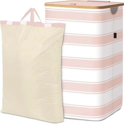 Vista 25 de BALEINE Cesta de lavandería con tapa, cestas altas para la ropa sucia con asas de bambú, contenedor grande para la ropa sucia con soporte interno