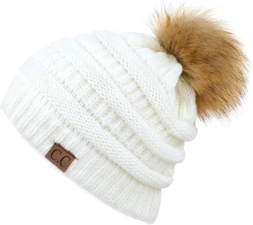 Gorro unisex liso con pompón y ribete (HAT-43) de C.C Hatsandscarf Exclusives Marfil