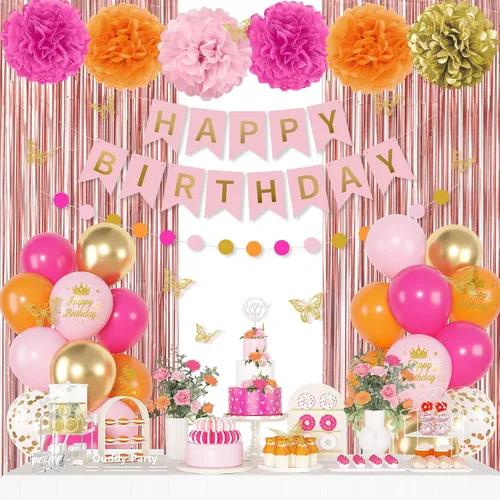 Vista 13 de Decoraciones de Cumpleaños Neutras para Mujeres y Niñas, Globos con Confeti Blanco Arena Dorado con Estampado Metálico, Calcomanías de Mariposa