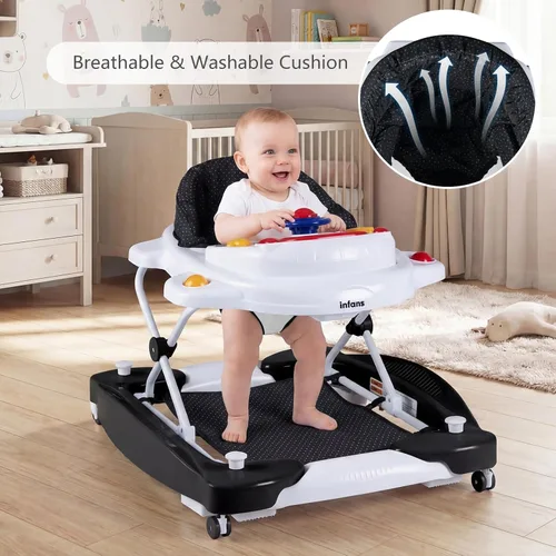 Vista 5 de INFANS Andador de bebé, 5 en 1 Behind Walker, mecedora sentada con bandeja de música extraíble, altura ajustable, cojín de asiento lavable, centro