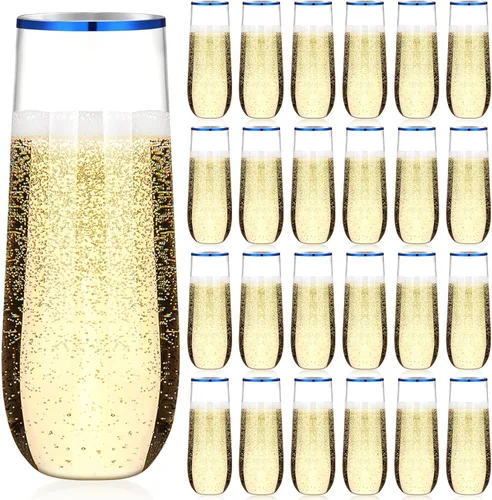 Vista 9 de Norme 24 copas de champán de plástico de 9 onzas, copas de champán de plástico sin tallo, vasos de mimosa inastillables, borde de boda, copas