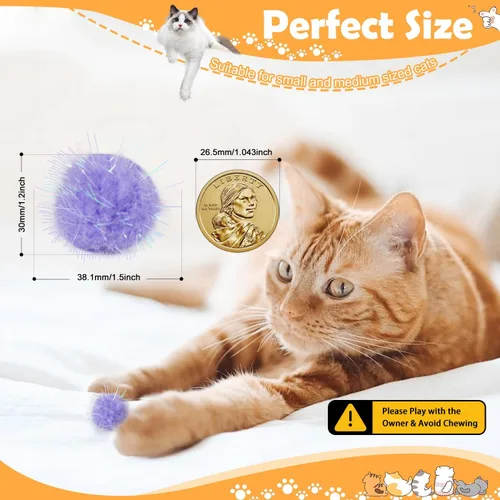 Vista 2 de DF DUALFERV 60 bolas de pompones para gatos, juguetes interactivos para gatos, bolas brillantes para gatos, extra grandes y peludas para ejercicio