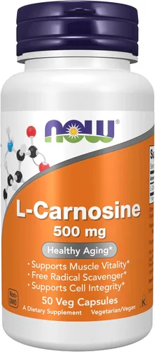 NOW Foods Suplementos, L-Carnosina (Beta-Alanil-L-Histidina) 500 mg, Envejecimiento saludable, 50 cápsulas vegetales