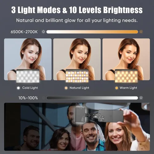 Vista 2 de Luz LED para selfie, luz de llenado de teléfono portátil con clip, ajuste de brillo de 10 niveles, CRI 95+, 3 modos de luz regulables, batería