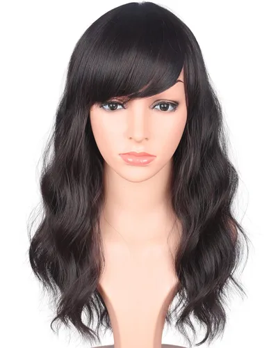 Vista 20 de Peluca ondulada negra con reflejos marrones para mujer, peluca sintética de longitud media con flequillo para uso diario