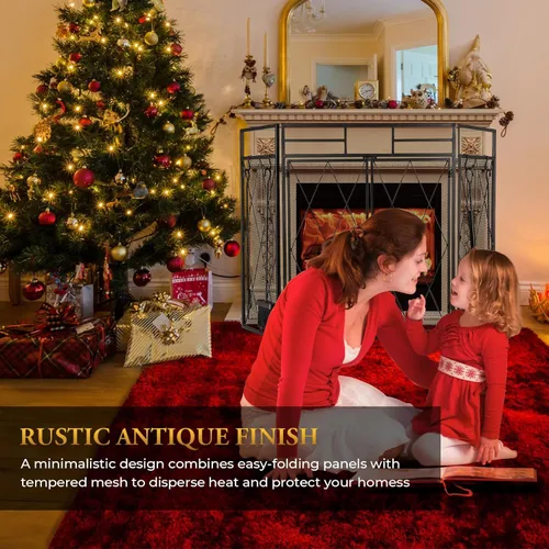 Vista 6 de Pantalla de Chimenea de Doble Puerta 5 en 1 49.6''x 30.7'' Grande 3 Paneles Plegable de Hierro Forjado Independiente Pantalla de Chimenea Rústica