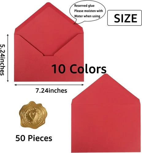 Vista 2 de Paquete de 50 sobres de invitación coloridos A7 de 5 x 7 con calcomanías doradas para tarjetas de 5 x 7, cumpleaños, bodas, graduaciones, tarjetas