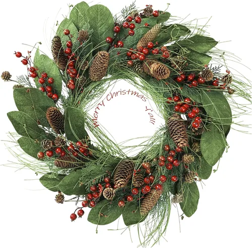 Vista 9 de YNYLCHMX Corona de Navidad de 20 pulgadas para puerta delantera, corona de invierno con letrero de bienvenida, hojas de eucalipto, bayas rojas