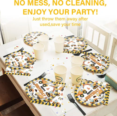 Vista 5 de 100 piezas de platos y servilletas de fiesta de cumpleaños de construcción, suministros de decoración de fiesta de cumpleaños con camión volquete