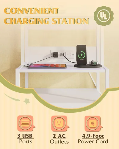 Vista 5 de WLIVE Tall White Nightstand with Charging Station, LED Night Stand with 3 Fabric Drawers and Storage Open Shelves, Bedroom Nightstand Table, Bed