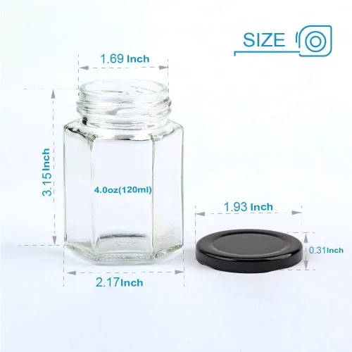 Encheng Tarros hexagonales transparentes de 4 onzas, pequeños frascos de vidrio para miel con tapas (negras), tarros Mason para hierbas, alimentos,