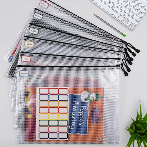 Vista 3 de Bolsa de malla con cremallera, 6 bolsas de malla de plástico impermeable con cremallera, bolsa de documentos tamaño A3, bolsas de archivos