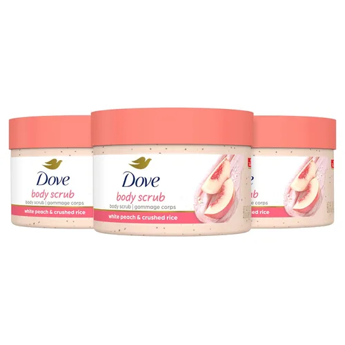 Dove Exfoliante corporal melocotón blanco y arroz triturado, 3 unidades para una piel visiblemente sedosa y nutrida, con ¼ de crema hidratante