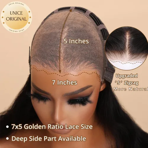 Vista 6 de UNICE Bye Bye Knots - Peluca de cabello humano precortado con encaje frontal de 7 x 5, cabello humano rizado con nudos invisibles, para poner