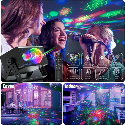 Vista 6 de Luces de fiesta para DJ, bola de discoteca, luz LED de escenario estroboscópica activada por sonido con control remoto para Navidad, club, bar