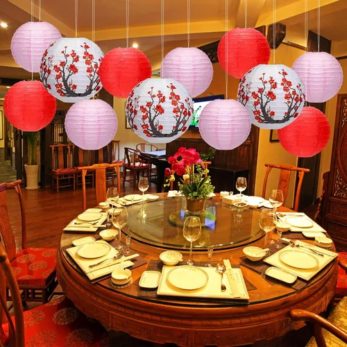 Vista 5 de 20 linternas japonesas chinas decorativas, incluye 6 flores de cerezo, 14 faroles rojos chinos de 12 pulgadas, decoración del hogar para Año Nuevo